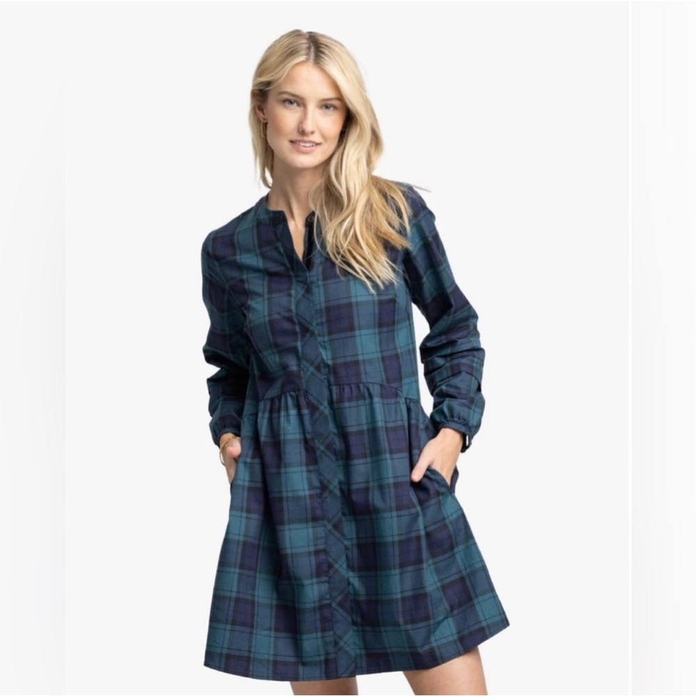 Southern Tide Blue Plaid Long Sleeve Dress